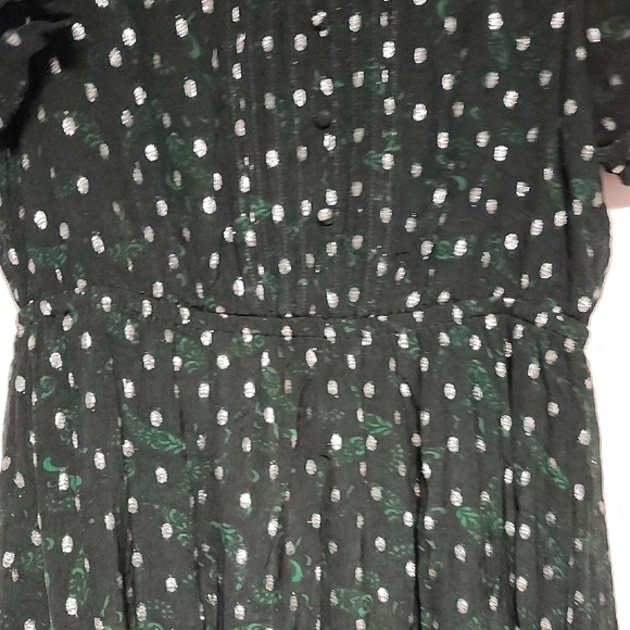 LOFT Metallic Clip Pintucked Flare Dress Green & Silver Size L - Picture 9 of 12